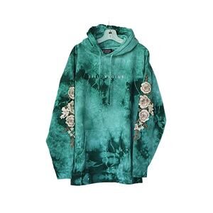 Tie-Dye Floral Embroidered Hoodie - Teal - XL